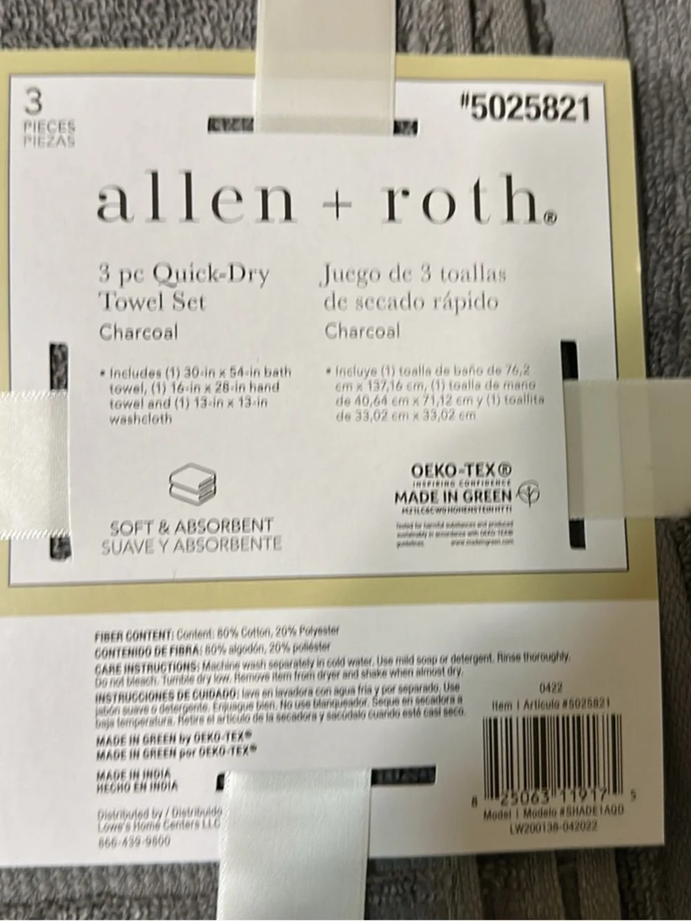 NWT allen + roth 3 Pc Quick-Dry Towel Set Charcoal Grey Bath Hand Washcloth #502